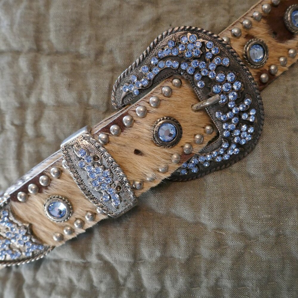 Vintage LeatherRock Cowhide and Blue Crystal Belt